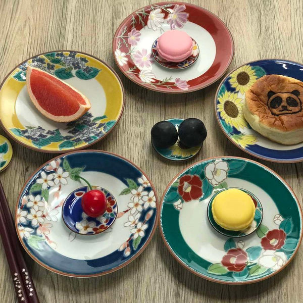 Kutani Ware 13.8cm (5.4") Japanese Porcelain Plate Set of 5 – Four Seasons Flowers, Made in Japan