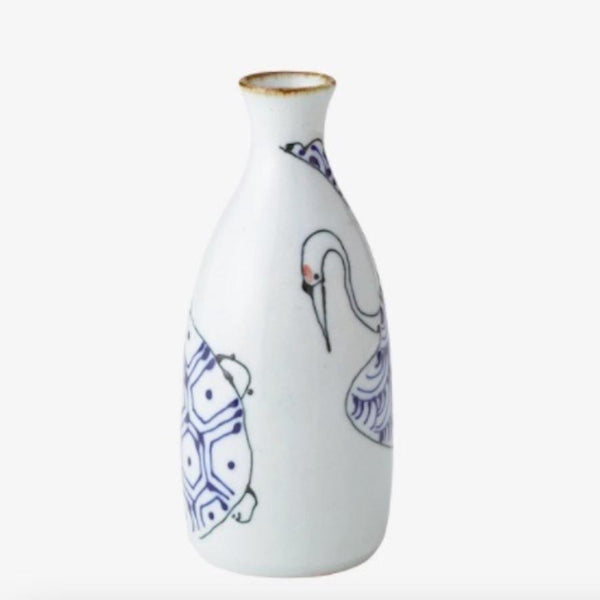 Crane & Turtle Japanese Sake Bottle 300ml (10.1 fl oz) – Hand-Painted Hasami Ware, Made in Japan Drinkware