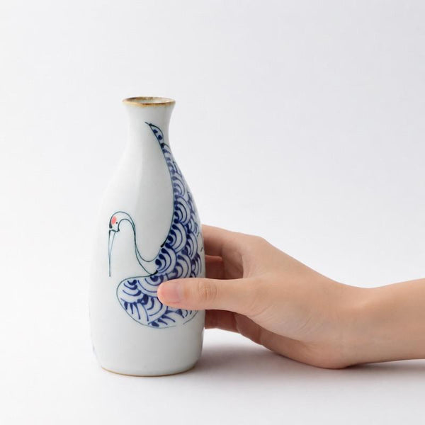 Crane & Turtle Japanese Sake Bottle 300ml (10.1 fl oz) – Hand-Painted Hasami Ware, Made in Japan Drinkware
