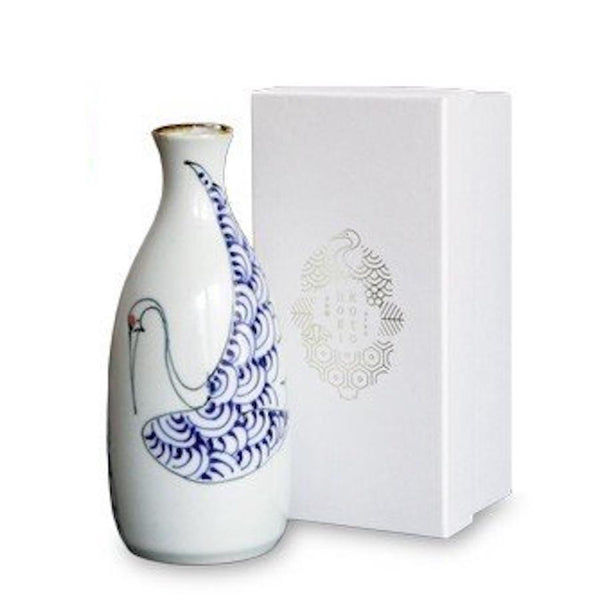 Crane & Turtle Japanese Sake Bottle 300ml (10.1 fl oz) – Hand-Painted Hasami Ware, Made in Japan Drinkware