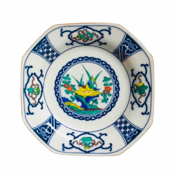 Kutani Ware Japanese Octagonal Porcelain Small Plate Set of 5, 15.5cm (6.1") – Blue & White Treasure, Flower & Bird Designs, Made in Japan