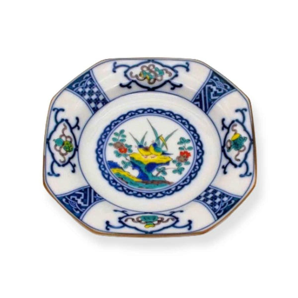 Kutani Ware Japanese Octagonal Porcelain Small Plate Set of 5, 15.5cm (6.1") – Blue & White Treasure, Flower & Bird Designs, Made in Japan