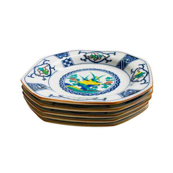 Kutani Ware Japanese Octagonal Porcelain Small Plate Set of 5, 15.5cm (6.1") – Blue & White Treasure, Flower & Bird Designs, Made in Japan
