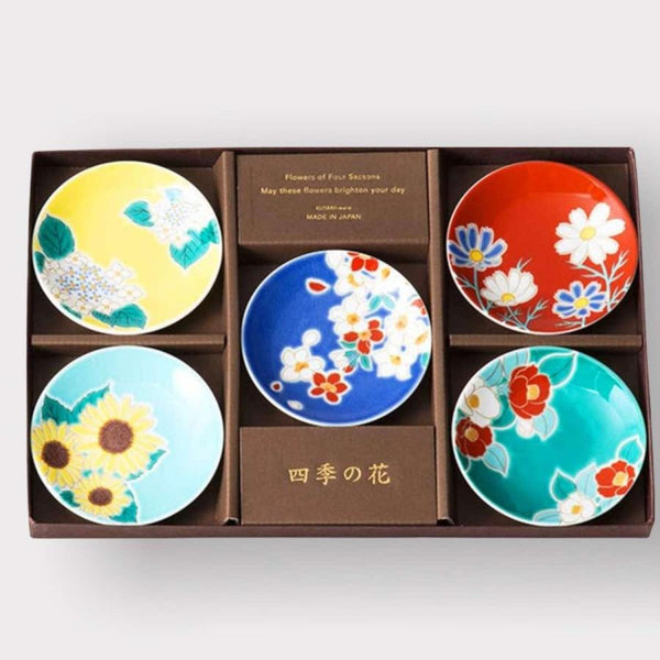 Kutani Ware Four Seasons Flower Mini Plate Set, 5-Piece Japanese Porcelain Small Plates, Made in Japan