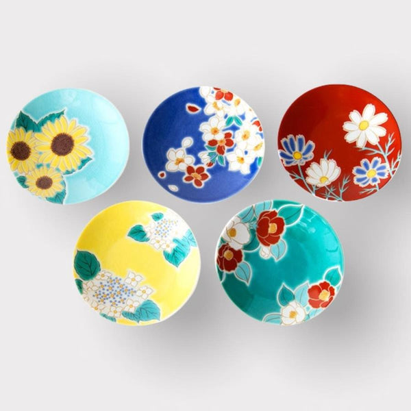 Kutani Ware Four Seasons Flower Mini Plate Set, 5-Piece Japanese Porcelain Small Plates, Made in Japan
