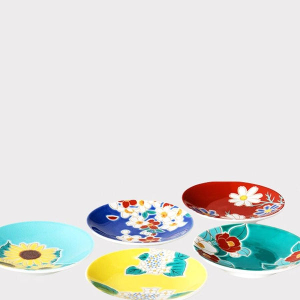 Kutani Ware Four Seasons Flower Mini Plate Set, 5-Piece Japanese Porcelain Small Plates, Made in Japan