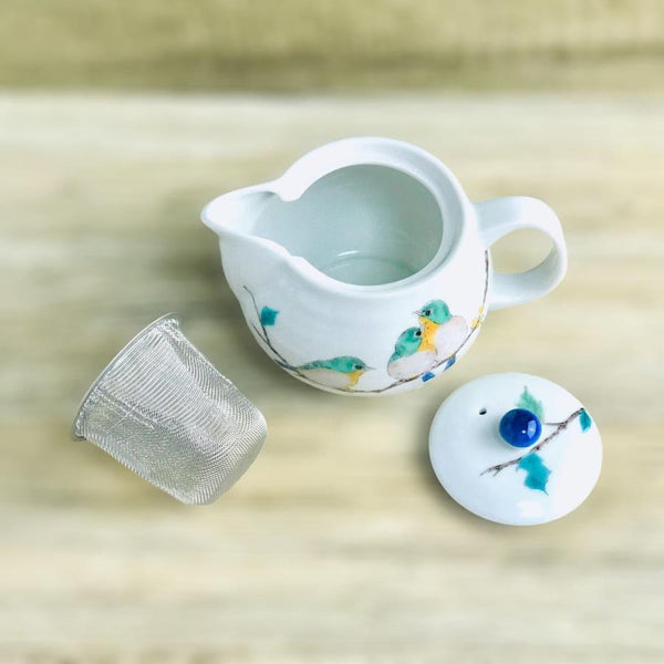 Kutani Ware Mejiro Japanese Teapot 350ml (11.8 US fl oz) – Japanese White-Eye Bird Design, Tea Strainer Included, Made in Japan