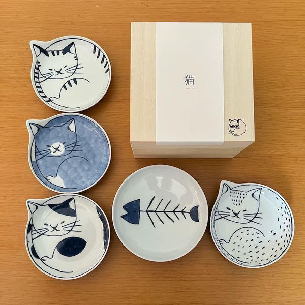 Neco Cat Plate Set of 5 Plates 14cm, Made in Japan, Hasami Ware Porcelain