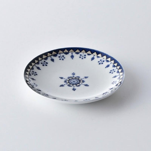 Ransei Blue Kazari Ginsai Hasami Ware Porcelain Small Plate 10.5cm with Genuine Silver Accents
