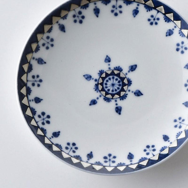 Ransei Blue Kazari Ginsai Hasami Ware Porcelain Small Plate 10.5cm with Genuine Silver Accents