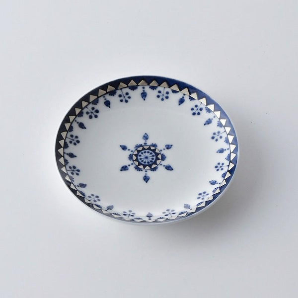 Ransei Blue Kazari Ginsai Hasami Ware Porcelain Small Plate 10.5cm with Genuine Silver Accents