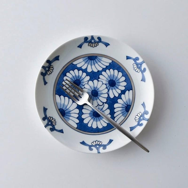 Ransei Hasami Ware Kikuwari Gin Kobana Blue & Silver Porcelain Plate 18.5cm (7.3 in) – Handmade, Made in Japan