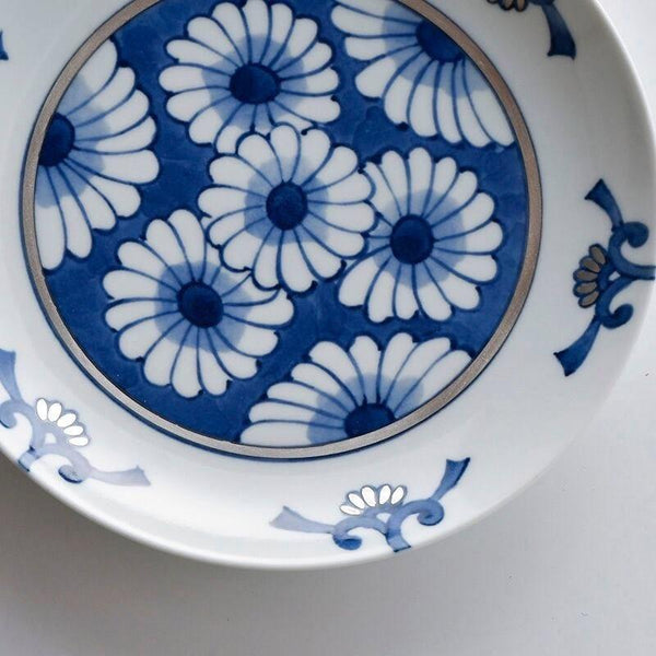 Ransei Hasami Ware Kikuwari Gin Kobana Blue & Silver Porcelain Plate 18.5cm (7.3 in) – Handmade, Made in Japan
