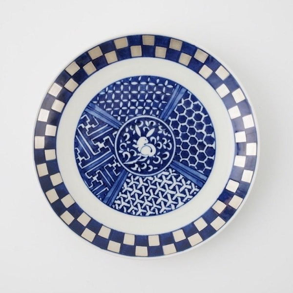 Ransei Blue Rabbit Motif Imari Style Porcelain Plate 18.5cm with Silver Accents, Hasami Ware, Made in Japan