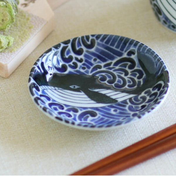 Japanese Ceramic Sauce Plate Whale Design - Made in Japan, Mino Ware