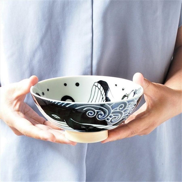 Japanese Rice Bowl Whale Design Extra Large φ5.8×H2.6in Made in Japan, Mino Ware