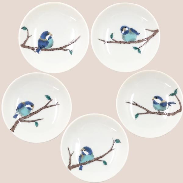 九谷焼 皿 鳥 青郊窯 山雀 3号皿揃 ５枚 小皿 ギフト