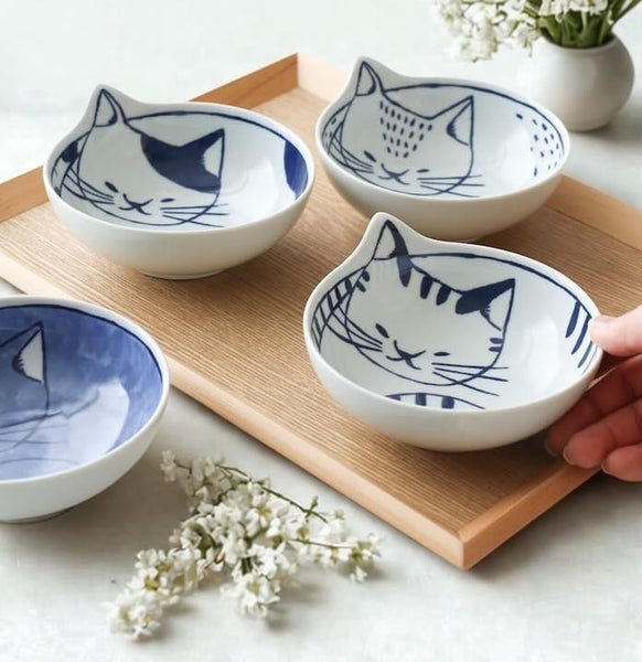 Neco Cat Bowl Set of 4 Bowls 14cm, Made in Japan, Hasami Ware Porcelain