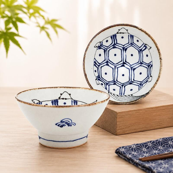 Crane & Turtle Series Hand-Painted Turtle Japanese Rice Bowl – Hasami Ware Ceramic Bowl, 12cm (4.7 Inch), Made in Japan