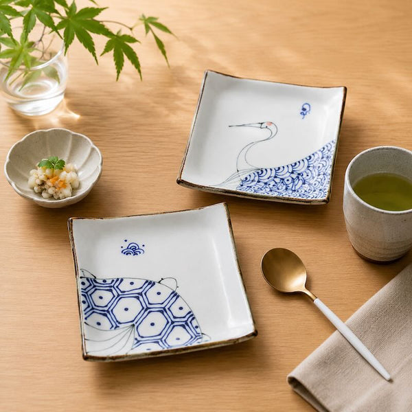 Crane & Turtle Japanese Small Plate 14 cm 2 Designs – Hand-Painted Hasami Ware Square Plate, Made in Japan