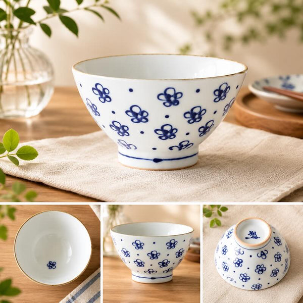 Crane & Turtle Series Rice Bowl Set of 5 – Hand-Painted Crane, Turtle, Pine, Bamboo & Plum Hasami Ware, Made in Japan