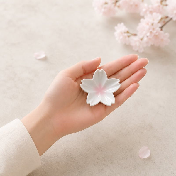 Kutani Ware Sakura Sauce Plate & Mini Plate Set, White Japanese Porcelain, 4-Piece Gift Set, Made in Japan