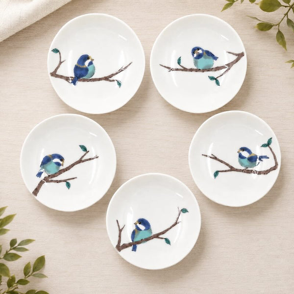 Japanese Kutani Ware Yamagara Small Plate Set (4-Inch / Set of 5) – Authentic Seikou Kiln Bird Dishes