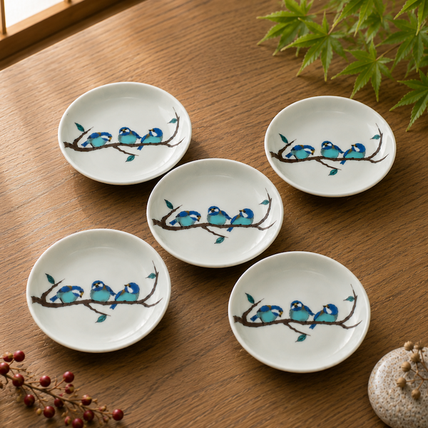 Kutani Ware Japanese Porcelain Small Plate Set of 5, 14cm (5.5") – Yamagara Varied Tit Bird Design, Made in Japan