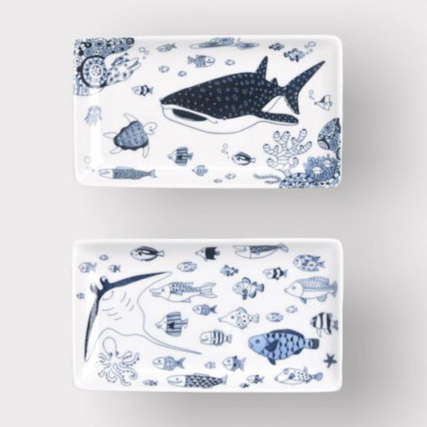 Square Plate Fish Decor ‘Cocomarine’ Hasami Ware (23.0 x 13.0cm)